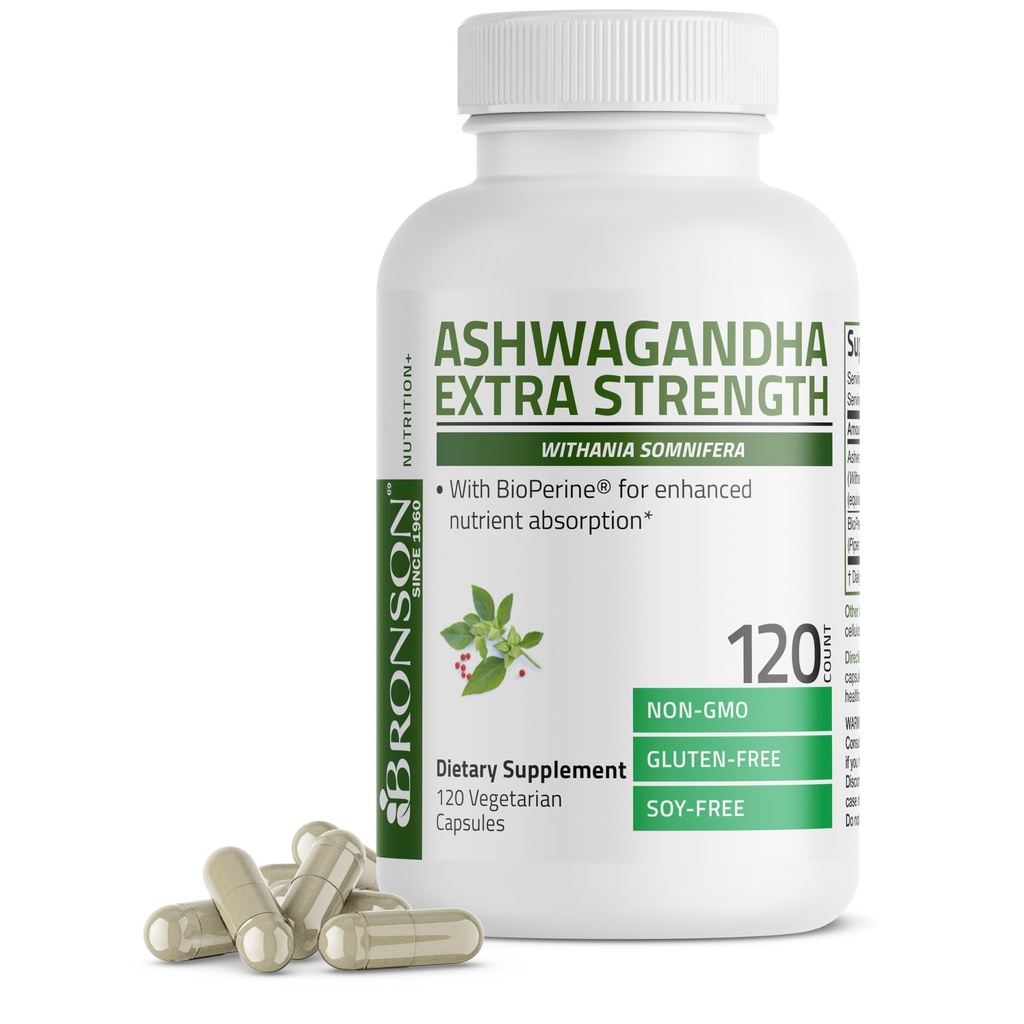 Bronson Ashwagandha Força extra Stress & Mood Support com BioPerine - Fórmula não OGM, 120 Cápsulas Vegetarianas