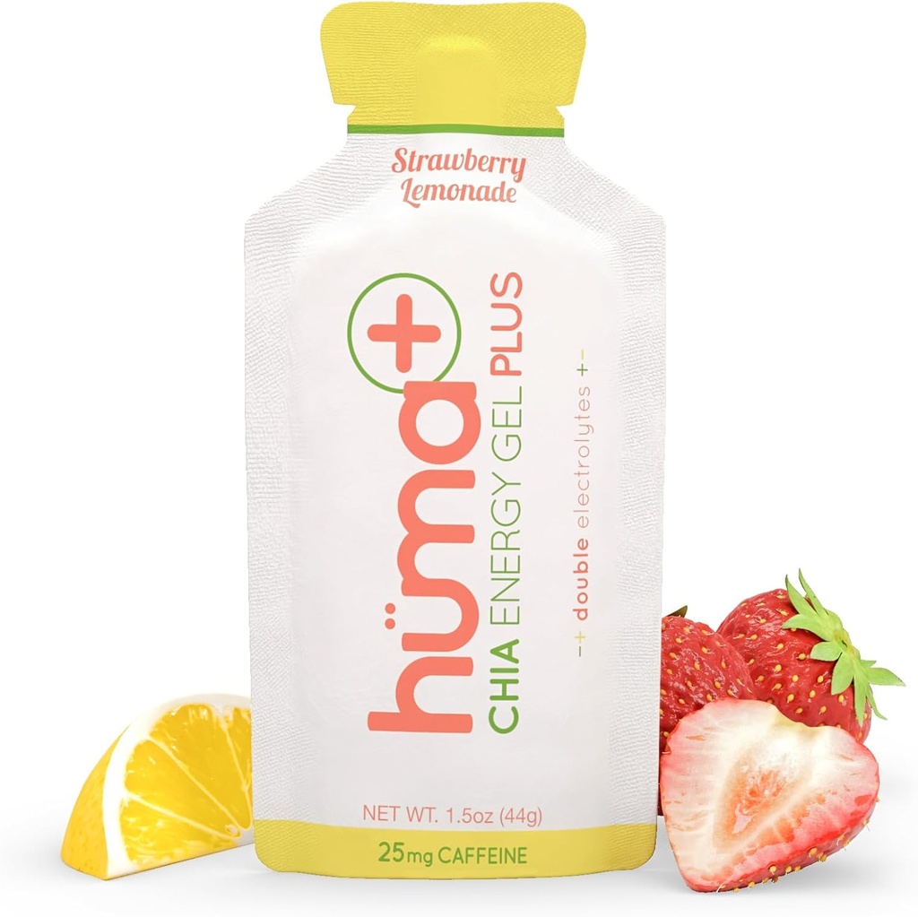 Huma Plus (Eletrólitos duplos) - Chia Energy Gel, Morango Limonada, 24 Gels, 25mg Cafeína - Estômago amigável, Geles de energia de alimentos reais