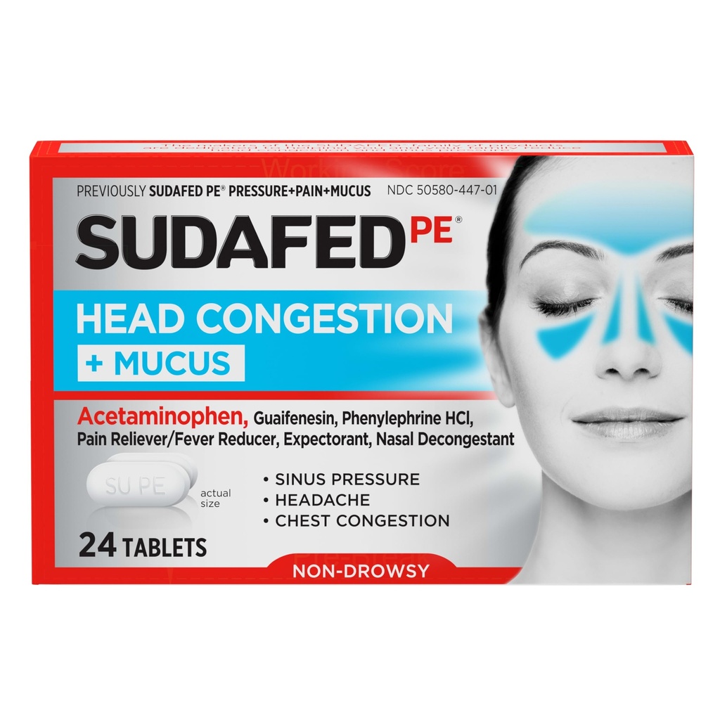 Congestão de Cabeças de PE Sudadas + Tablets de Alívio de Muco para Pressão do Sino, Congestão e Dor de cabeça, Descongestionante Não Afogado com Acetaminofeno, Guaifenesina e fenilefrina HCI, 24 ct