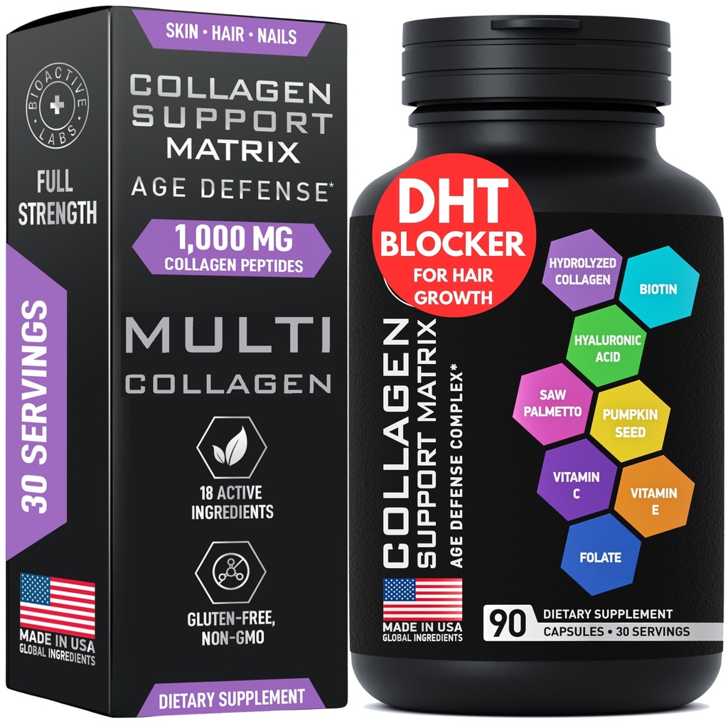 Age Defense Beauty Collagen Matrix - 2.000mg Multi Colágeno Biotina Queratina Ácido Hialurônico Serra Palmetto Complexo Suplemento Vitamina C - DHT Blocker para homens e mulheres para o crescimento do cabelo - 90 tampas sem glúten