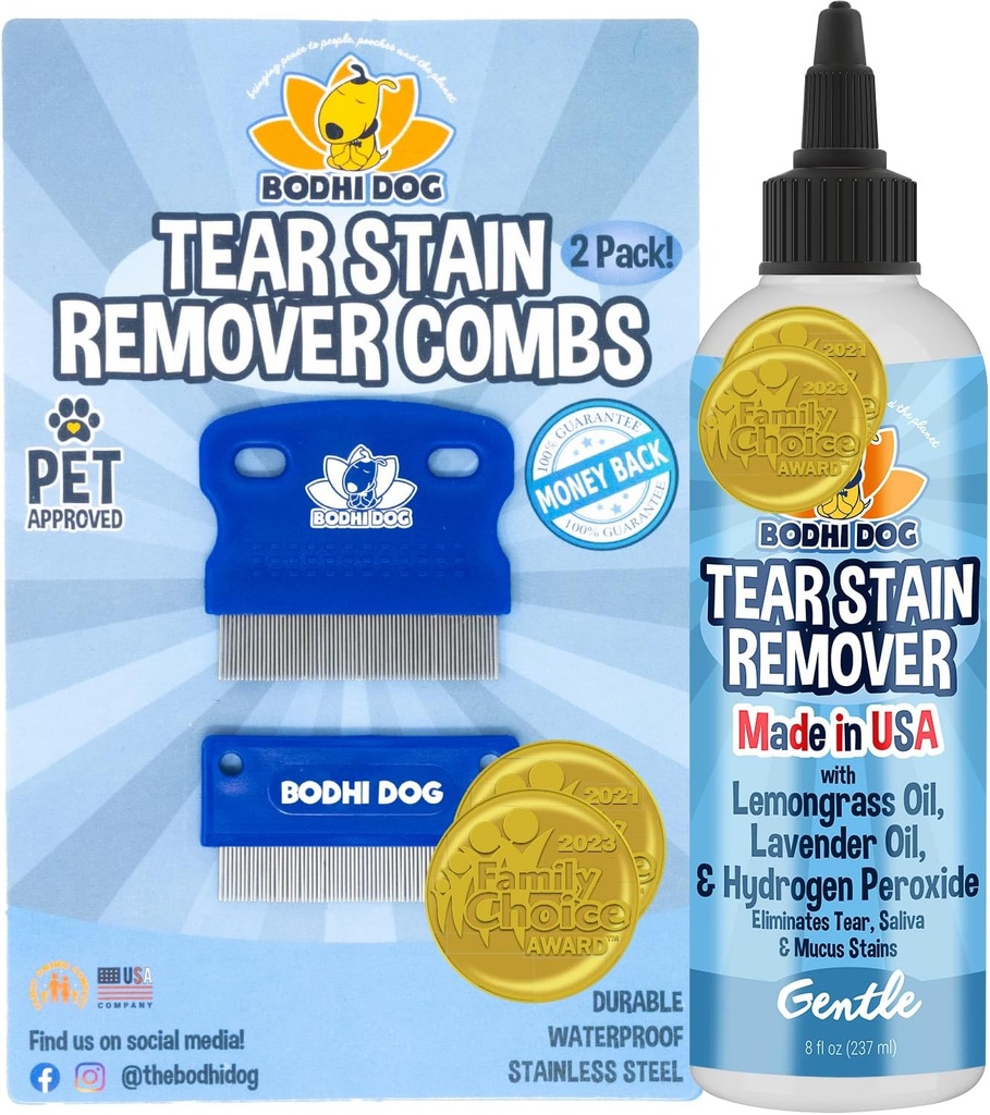 Bodhi Dog Tear Stain Removedor & Tear Stain Removedor Combs - gentilmente remove manchas, sujeira de olhos de estimação - seguro e gentil em cães e gatos - limpa pele delicada - ideal para a prevenção de manchas de ventre e lágrimas