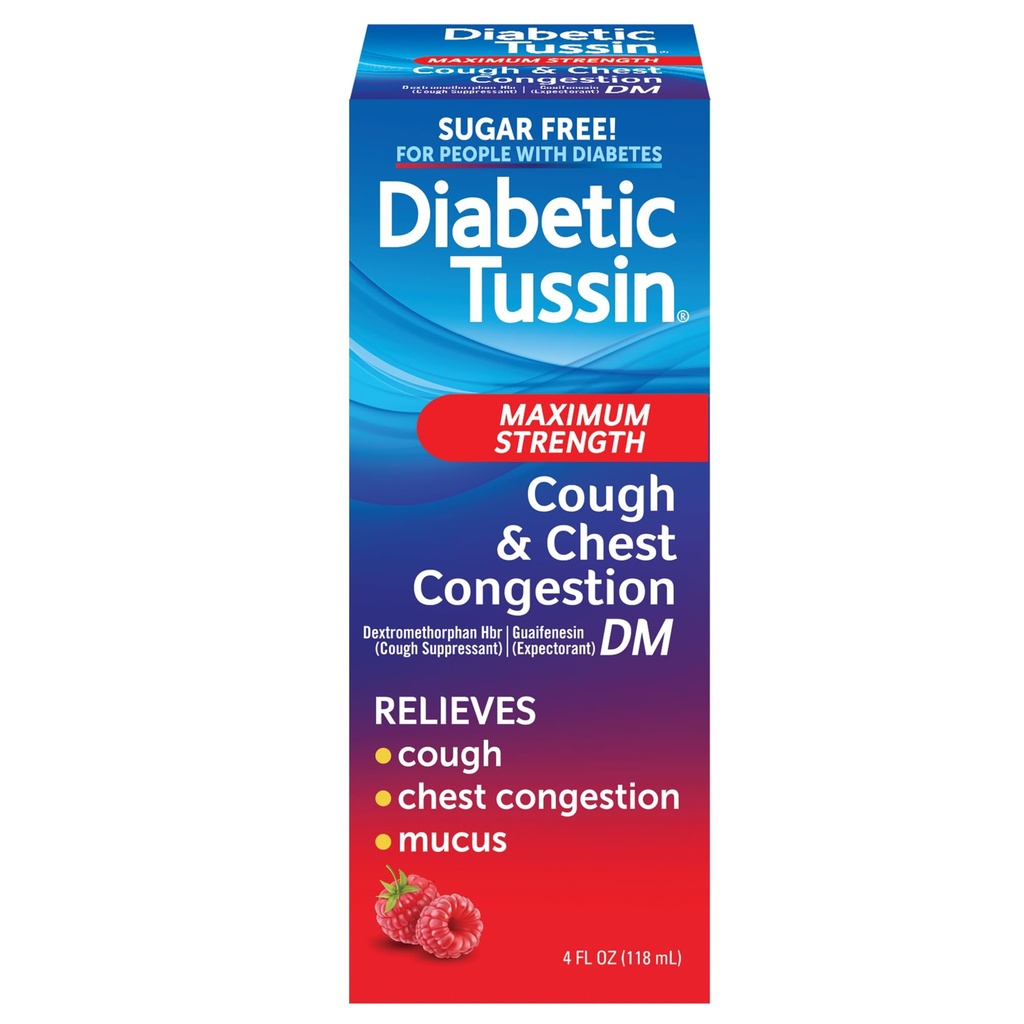 Tussin Diabético DM Máxima Força Tosse e Resgate de Congestão do Peito Xarope Líquido Tosse, Seguro para Diabéticos, Berry Flavored, 4 Fl Oz (Pacote de 1)
