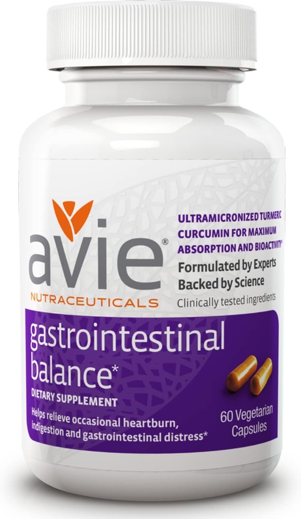 Avie NUTRACEUTICAIS Equilíbrio gastrointestinal Suplemento de Curcumina (60 Cápsulas) Cúrmica com Alcaçuz Raiz & Magnésio para Azia, Reflux Ácido, & Alívio de indigestão - Gluten Free, GMP-certificado