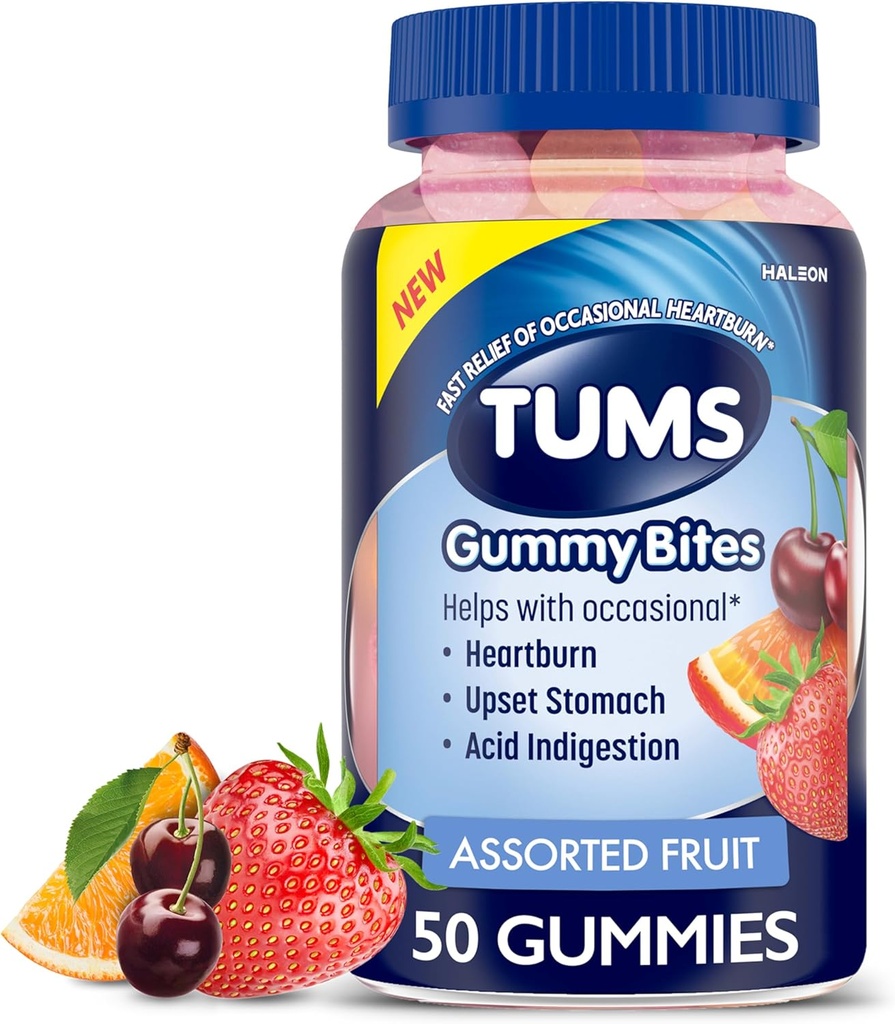TUMS Gummy Bites Suplemento dietético para alívio ocasional da azia, estômago irritado e indigestão ácida, sabores variados de frutas - 50