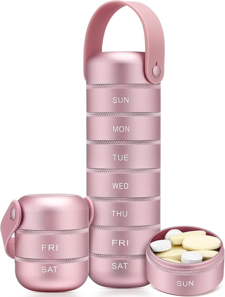 Organizador de pílulas semanal de metal Zannaki, caixa de pílulas de viagem grande 7 dias, caso de pílula diária impermeável com alça de silicone, suporte de pílulas portátil de liga de alumínio para a vitamina, medicina, suplemento, pílulas