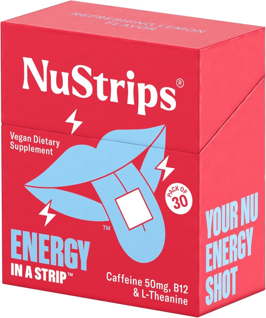 NuStripsTM Faixas de energia de dissolução rápida com 50mg de cafeína, L-Theanina e vitamina B12 – Energia instantânea e foco sem Jitters ou crash – Funciona mais rápido do que o café – Limão refrescante – 30 tiras