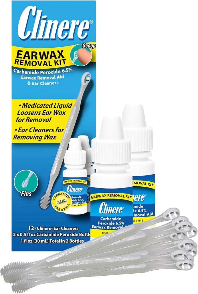 Clinere Earwax Removal Kit, Cera de ouvido limpa segura e suavemente, Itch Relief, Funciona instantaneamente .5oz Peróxido de carbamida, 2 x .5 Fl Oz com 12 varas