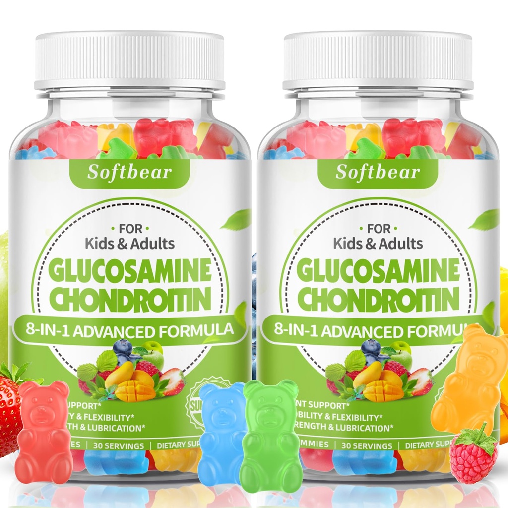 softbear Glucosamina Condroitin Gummies com HSH Triplo Força, Orgânico mastigável Glucosamina Chondroitin Suplemento para o apoio conjunto Vegan Fruit Misto sabor 120 Gummies