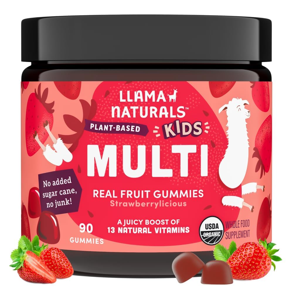 Llama Naturals Kids Multivitamin Gummies, Vegan, Orgânico com vitamina D, C & K, Toddler verdadeira frutas vitaminas Gummy, Suplemento mastigável, Multivitamin de alimentos inteiros, Não adicionado cana de açúcar, Morango, 90 Ct