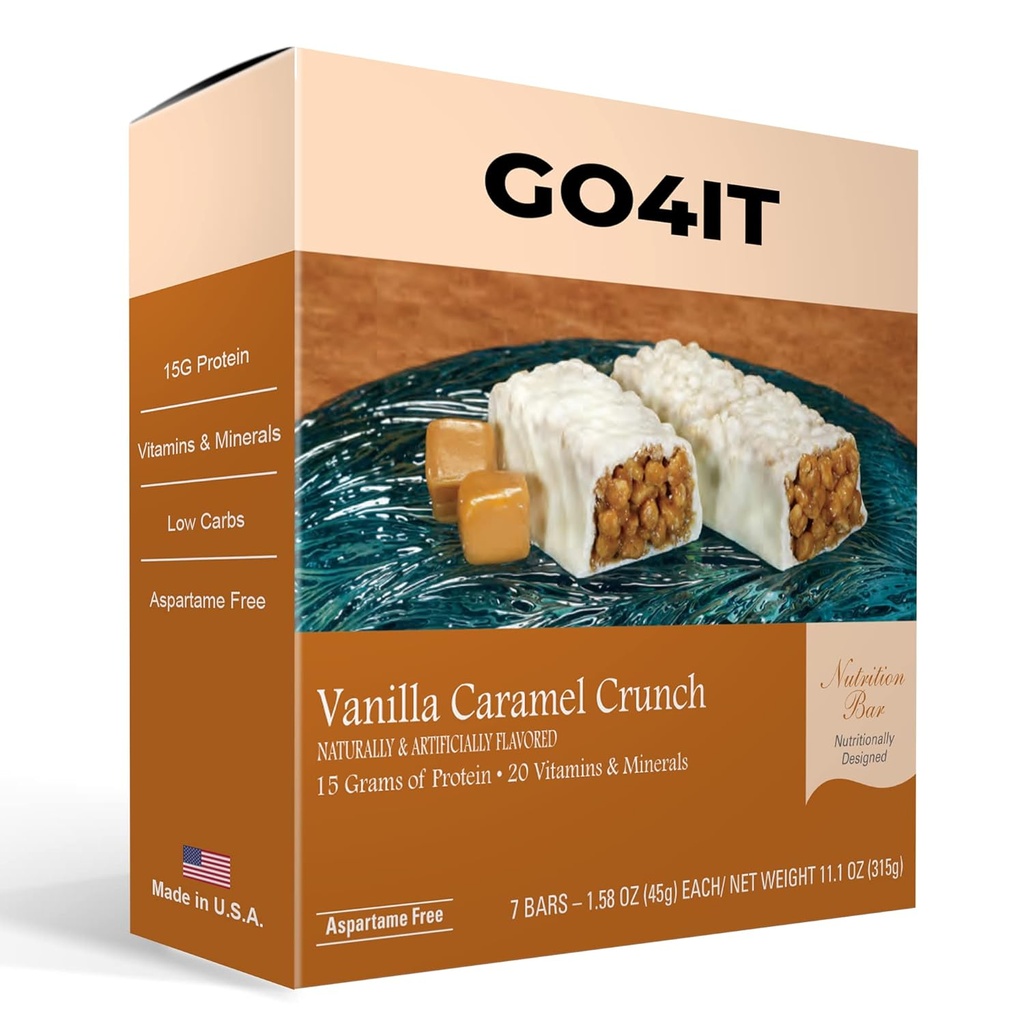 GO4IT Health Replacement Bar, High Protein Nutrition Bar, High Fiber, Low Calories, KETO friendly, On-the-go, Weight Loss Food Bar, 7/Box - (Vanilla Caramel Crunch)
