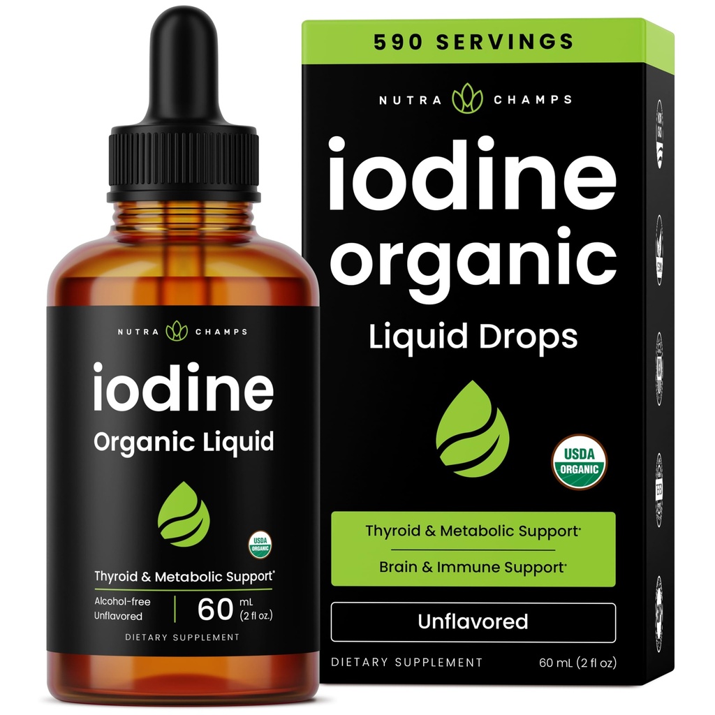 Gotas líquidas de iodo orgânicas - 250 mcg Suplemento de iodo para mulheres e homens - Solução de iodeto de potássio 250 mcg - 590 Servimentos - Thyroid, Hormônio e Suporte Metabólico - Não-GMO, Vegan NPN 8019762