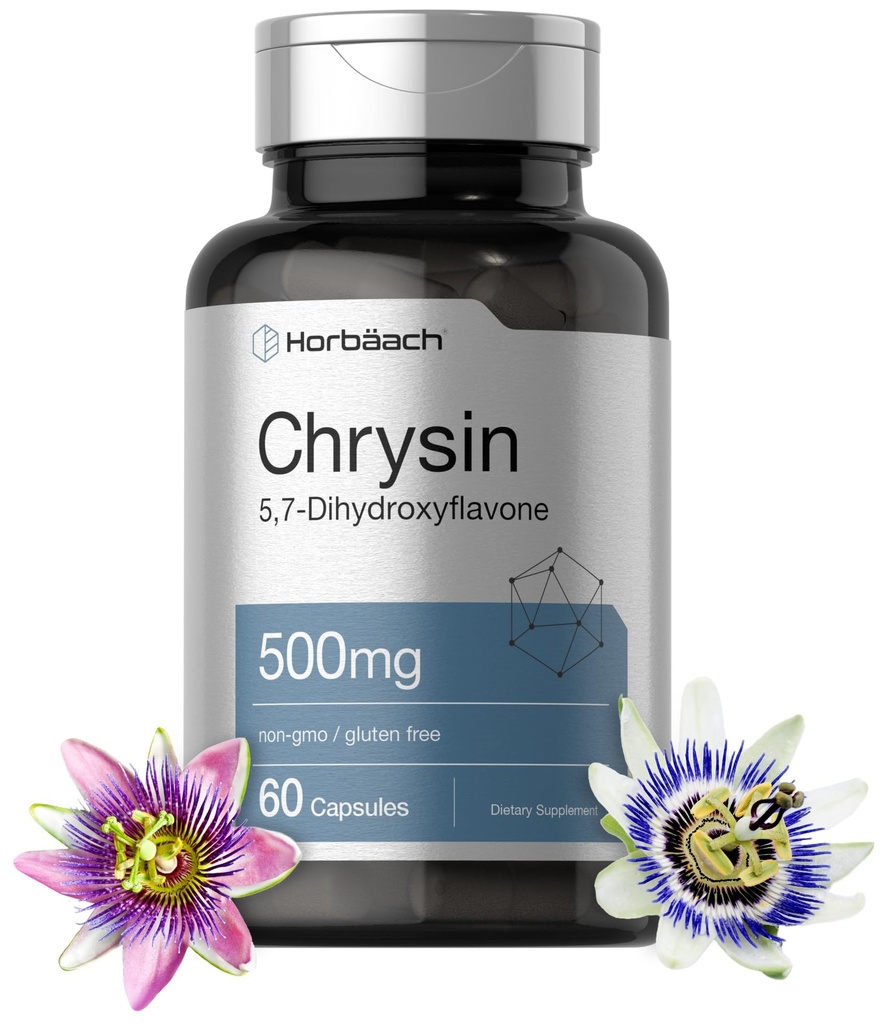 Horbäach Chrysin Supplement 500mg 60 Cápsulas Passion Flower Extract □ Não-GMO, Suplemento sem glúten