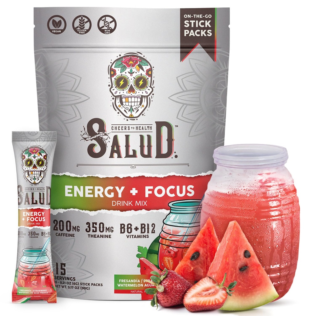Salud 2-em-1 Beber Energia Pó + Foco, Melancia de morango, Cafeína orgânica, B6 + B12, Theanina, Pacotes de bebida de energia limpa, Fresandia Agua Fresca Mix, Não-GMO, Gluten Free, Vegan, 1g de açúcar, (15 Servings)