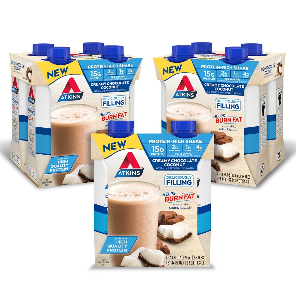 Atkins Creamy Chocolate Coconut Protein Shake, 15g Protein, 2g de carboidratos líquidos, 1g de açúcar, Keto Friendly, 12 Count