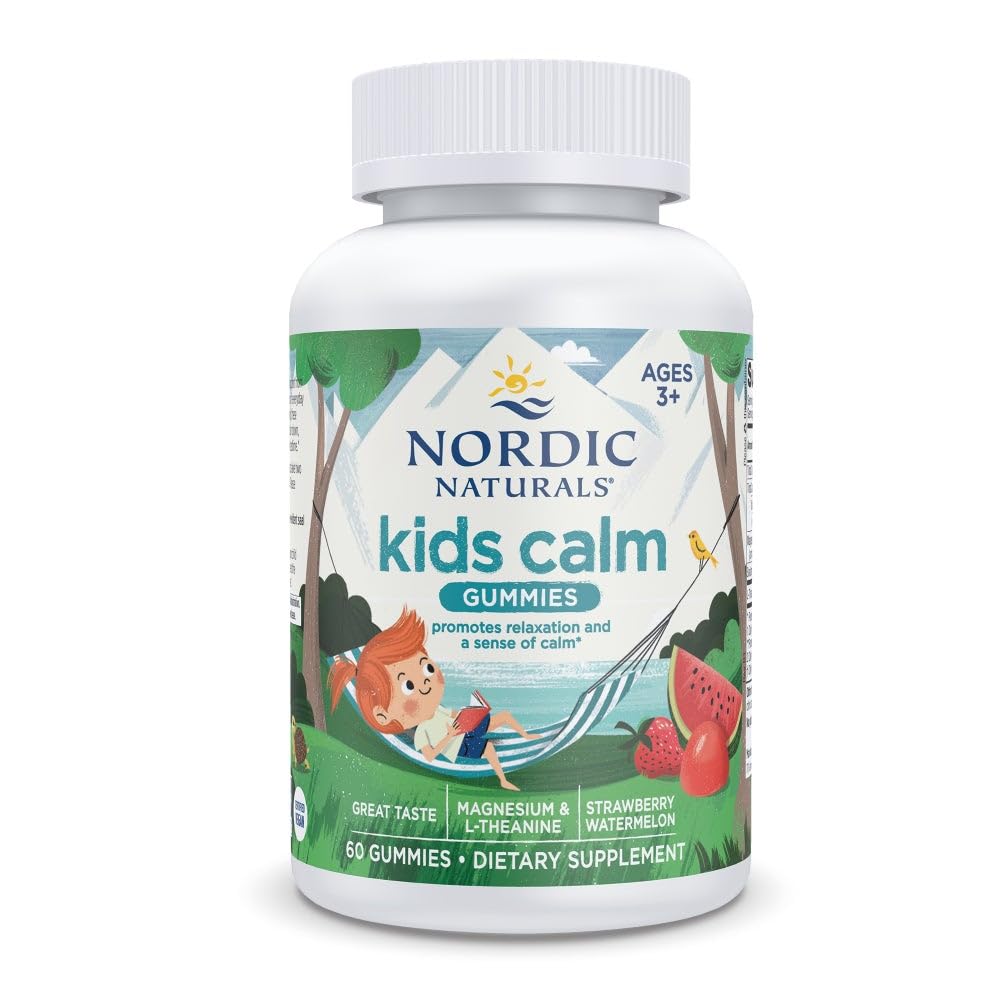 Naturals nórdicos Kids Calm Gummies - Morango Melancia - 60 Gummies - Magnésio L-Teanina Suplemento - Acalmando para Crianças - Apoio Relaxamento - Até 60 Servings