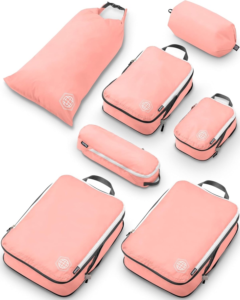Grandes cubos de embalagem de compressão para Organizadores de bagagem de cubo de embalagem de viagem 7 peças para bagagem-Ultralight verificado, expansível / Compression Bags by TRIPPED Travel Gear (Dusty Rose)