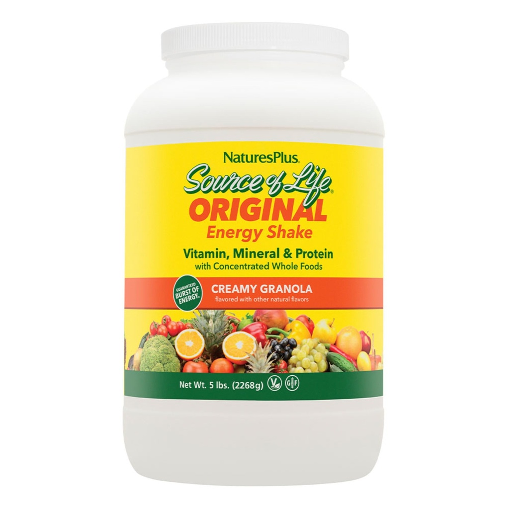 NaturesPlus Fonte de Vida Shake Energia - 5 lbs, Mistura de Bebida Vegetariana - Granola Flavor - Multivitamin, Mineral & Protein Powder - Alimentação inteira substituição - Não-GMO, Gluten-Free - 58 Servings