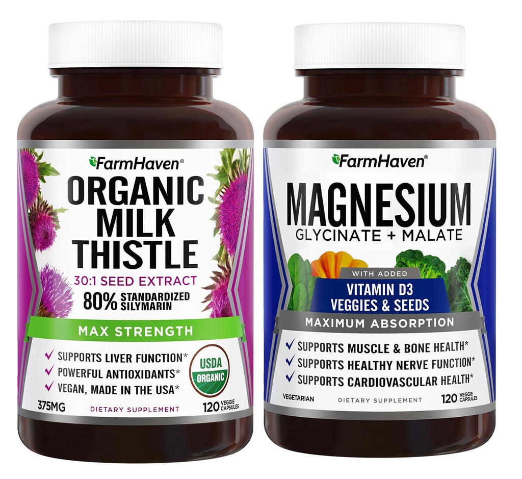 FarmHaven Milk Thistle Cápsulas & Magnésio Glicinato & Malato Complexo w/Vitamina D3