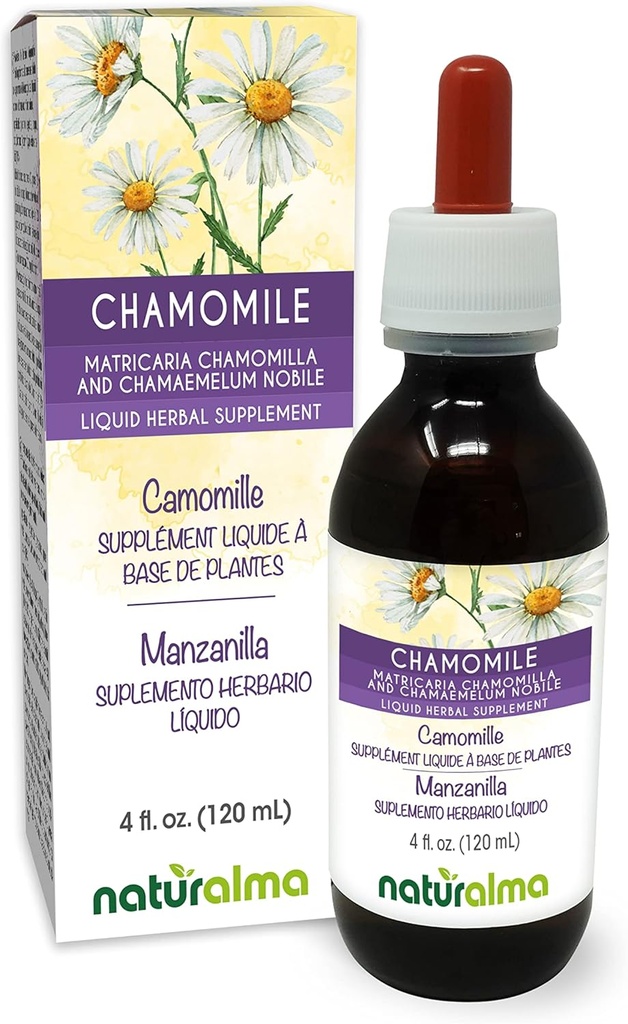 Naturalma alemão e camomila romana (Matricaria chamomilla e Chamaemelum nobile) Flor Tintura sem álcool - 4 fl oz extrato líquido em gotas - Suplemento de ervas - Vegan