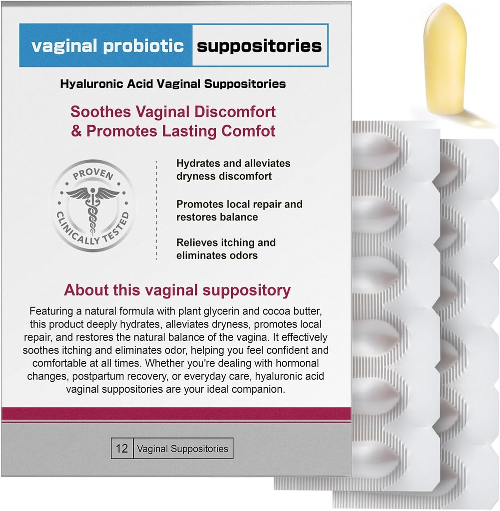 Supositórios de ácido hialurônico de Nahid Supositórios de umidade vaginal e suporte de equilíbrio de pH de 12 inserções com Complexo Prebiótico de calma, Controle de Odor, Restaurar Conforto de Menopausa e Cuidados íntimos