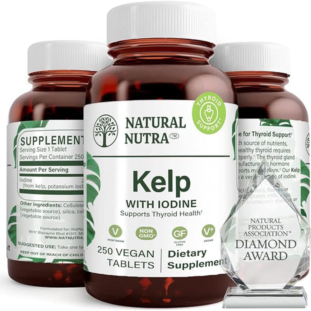 Natural Nutra Kelp Iodine Suplemento de suporte da tireóide, Fortalece o sistema imunológico, e regula o metabolismo, Vegan Sea Kelp, Não OGM, Atlantic Source Seaweed Extract, 225 mcg, 250 comprimidos