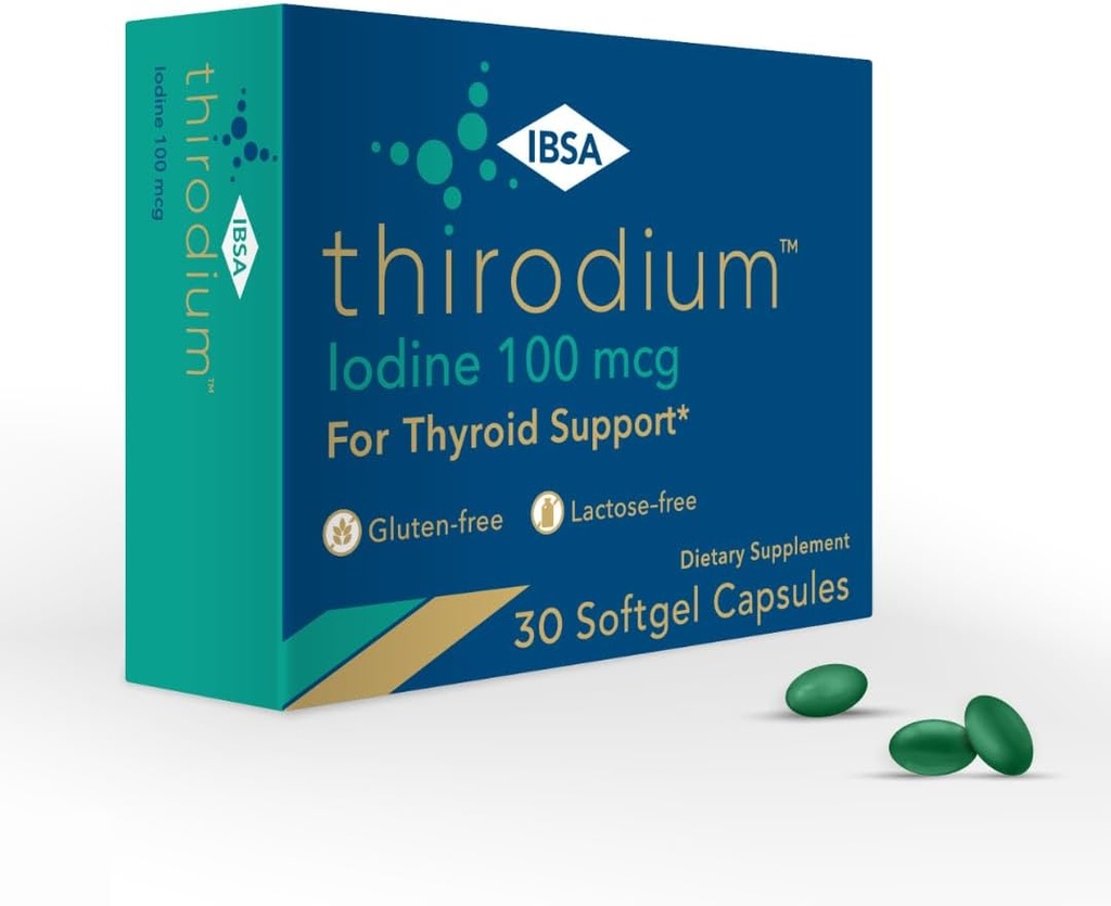 Thirodium - Suplemento de suporte da tireóide - Iodo de 100mcg (Iodato de sódio) - 30 Cápsulas de Gelo Macio para Maior Absorção - Sem glúten, Livre de lactose, Livre de açúcar, Não-GMO