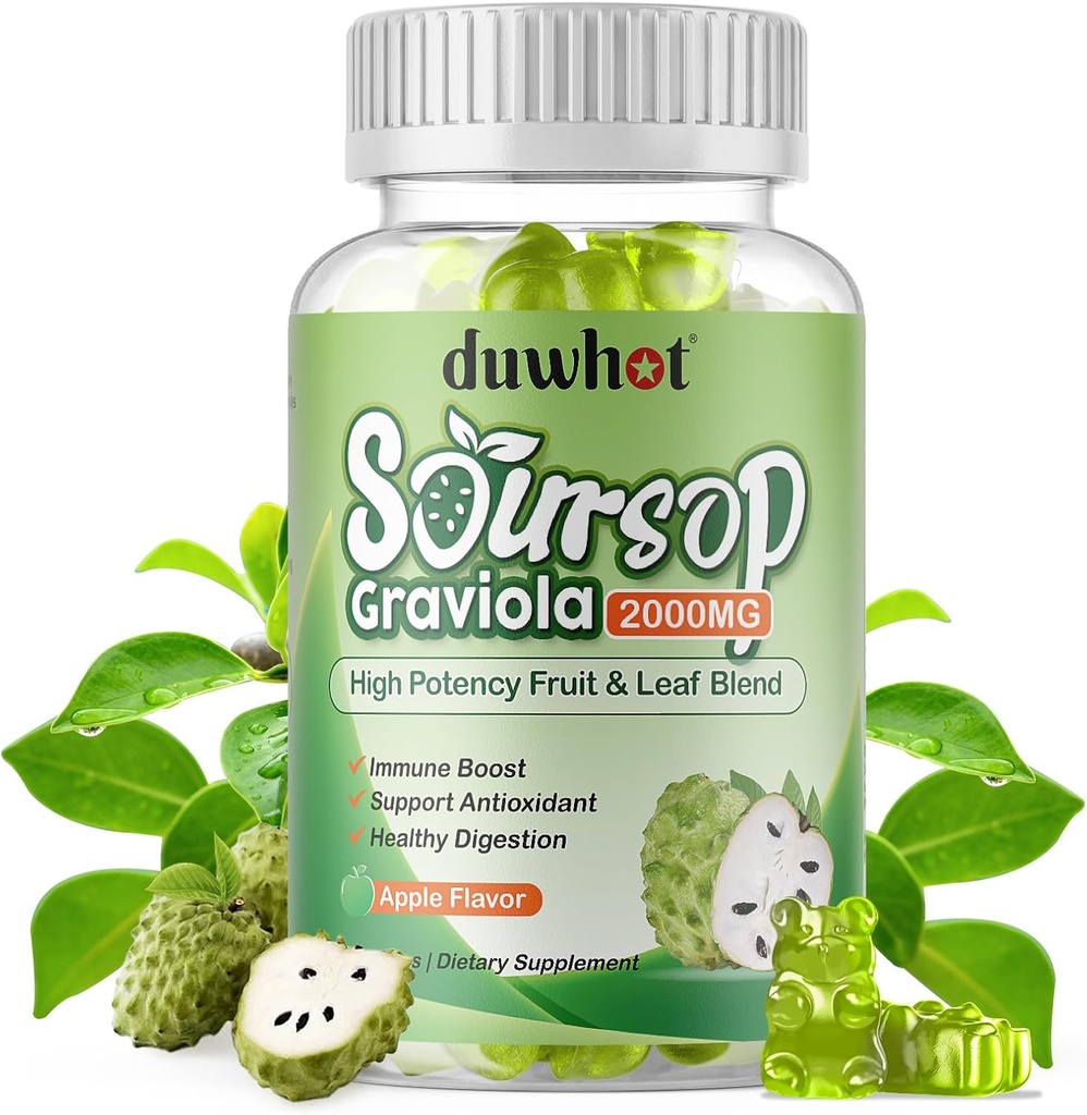 Soursop Gummies 2000MG, Soursop Leaf & Fruit Extract for Adults, Soursop Fruits w/Vitaminc C for Imune Support, Antioxidant and Digestive Aid, Vegan, 60 Counts