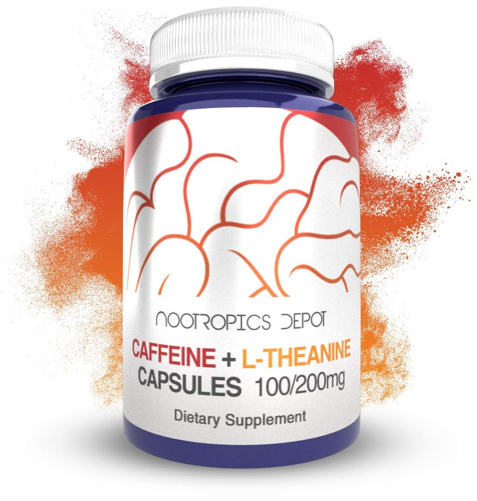 Nootropics Depot Cafeína e L-Theanina Cápsulas de . 60 comprimidos . Contém 100mg de Cafeína e 200mg de L-Theanina . Suplemento Natural .