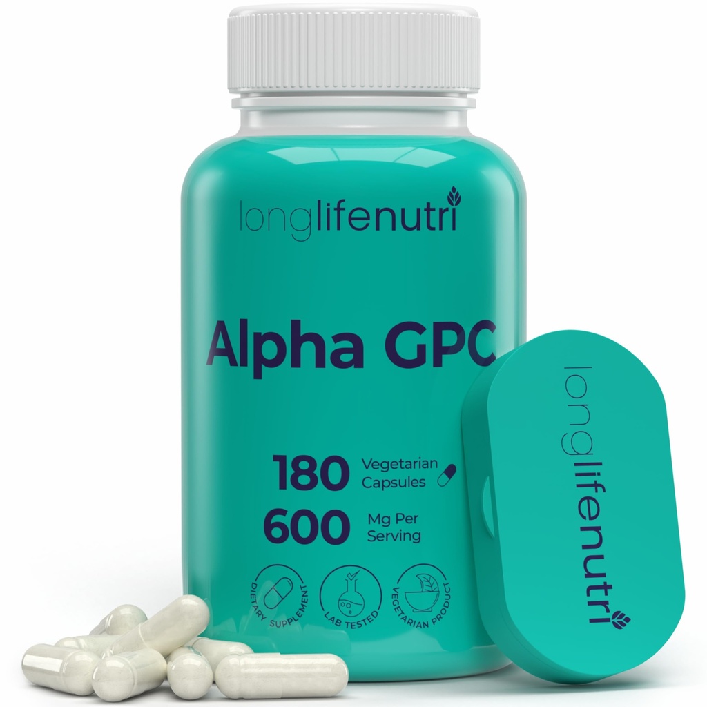 Alpha GPC Choline Supplement 600mg – 180 Cápsulas Vegetarianas, Alta Pureza Nootrópica para Energia Diária, Fornecimento de 3 meses, Fonte de Acetilcolina para Clareza Cognitiva e Mental, Certificado GMP, Made in USA