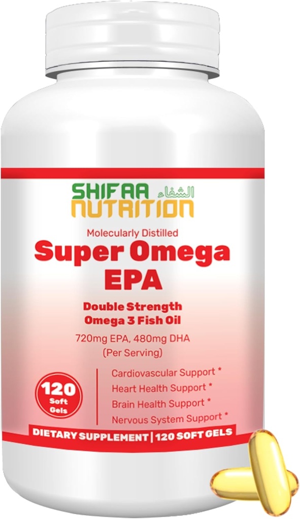 SHIFAA NUTRITION Halal Fish Oil Softgels 120 Ct, dupla força - Halal Omega 3 Fish Oil Supplements. Capturado selvagem, não-GMO e purificado