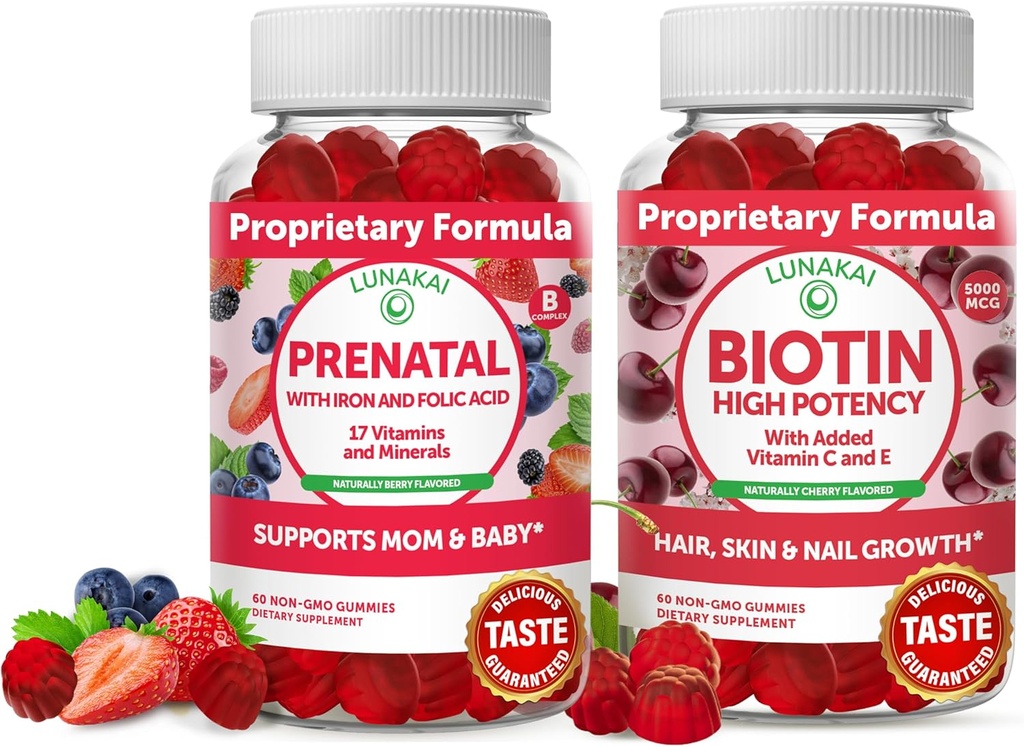 Lunakai Biotin e pacote pré-natal - Pele de cabelo e pregos Suplemento de crescimento com vitamina C e E - Gravidez Gummy multivitamin com ferro e ácido fólico - 30 dias de fornecimento