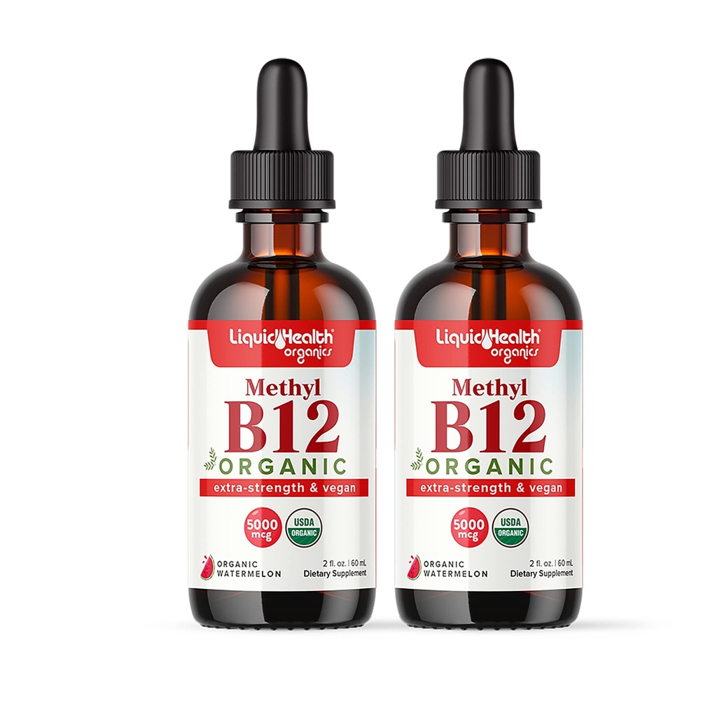 LIQUIDHEALTH USDA Vitamina B12 Metilcobalamina orgânica líquido gotas com suco de cereja Tart - aumentar a energia, suporte imunológico, melhorar a memória e concentração - EUA Made, Vegan, Não-GMO (2 Pack)