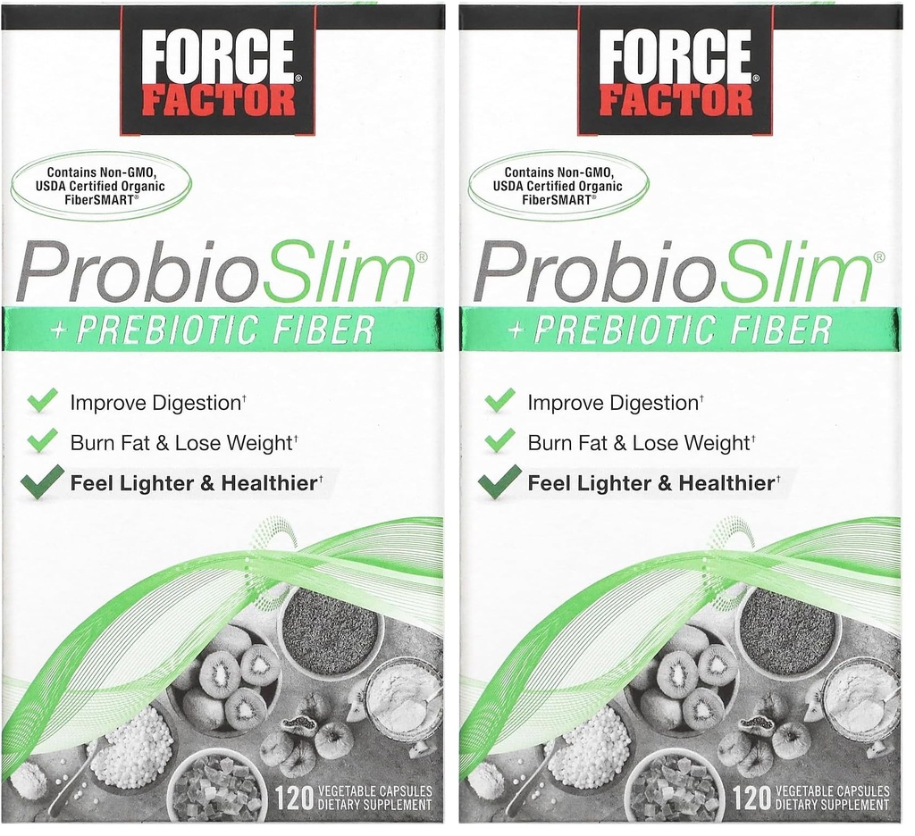 Fator de força ProbioSlim + Prebiótico Fiber Weight Loss Suplemento para Mulheres e Homens, Probiótico e Prebiótico Digestive Health Support com extrato de chá verde e Psyllium Husk Fibra, 120 Cápsulas