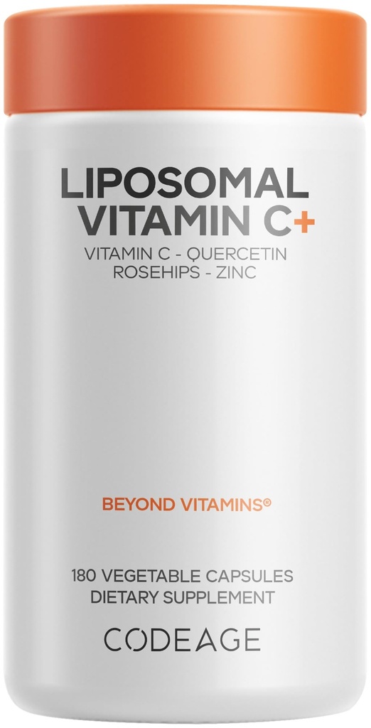 Codeage Vitamina lipossomal C 1500mg com zinco, Amora, Citrus Bioflavonoides Toranja, Limão, Laranja em pó, Quercetin & Rose HIPS Fruit – Vegan Supplement - Não-GMO, Vegan Pills, 180 Cápsulas