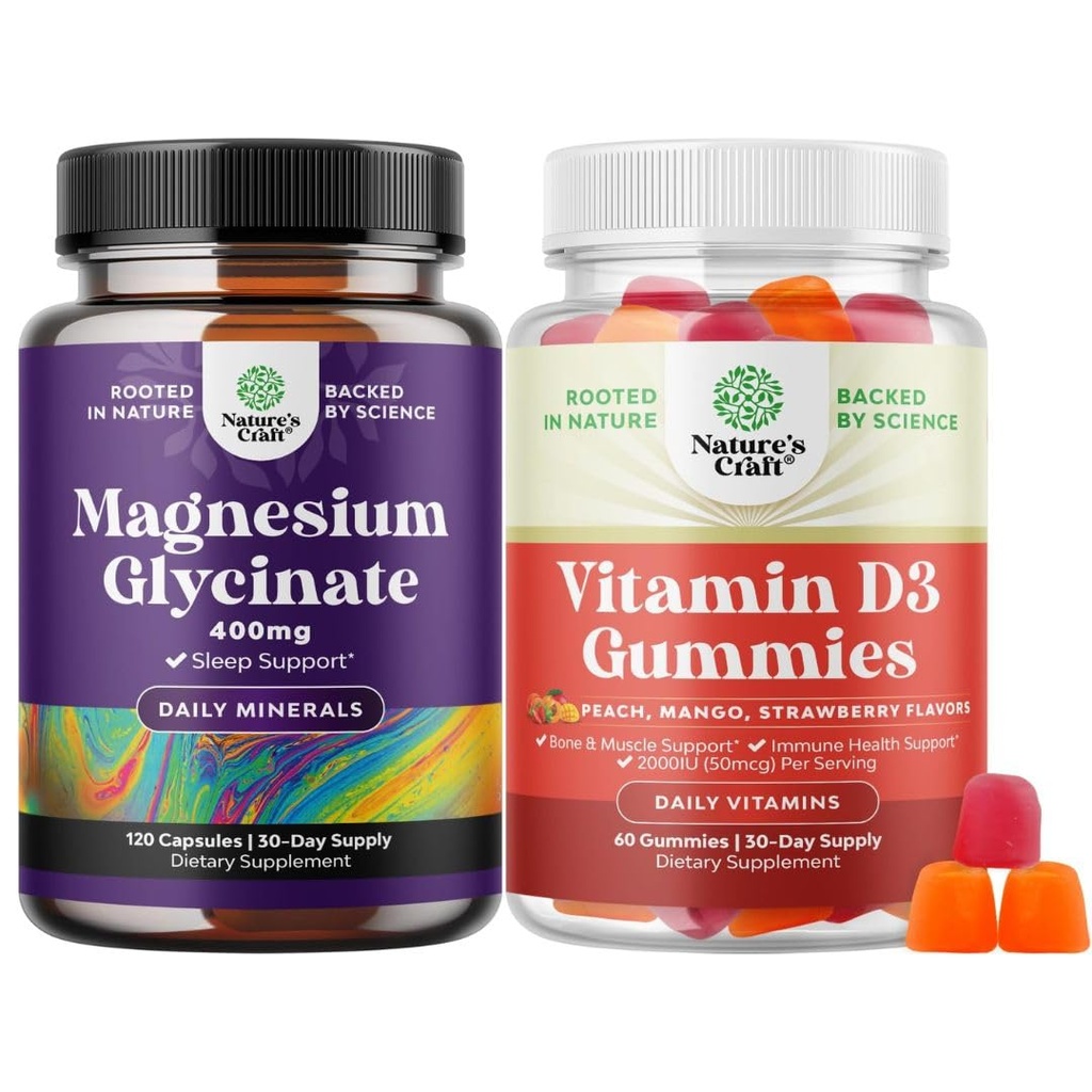 Pacote de Pure Magnesium Glycinate 400mg por serviço para sono de humor e relaxamento e pastilhas de vitamina D3 para bem-estar diário ou músculo ósseo e suporte imunológico