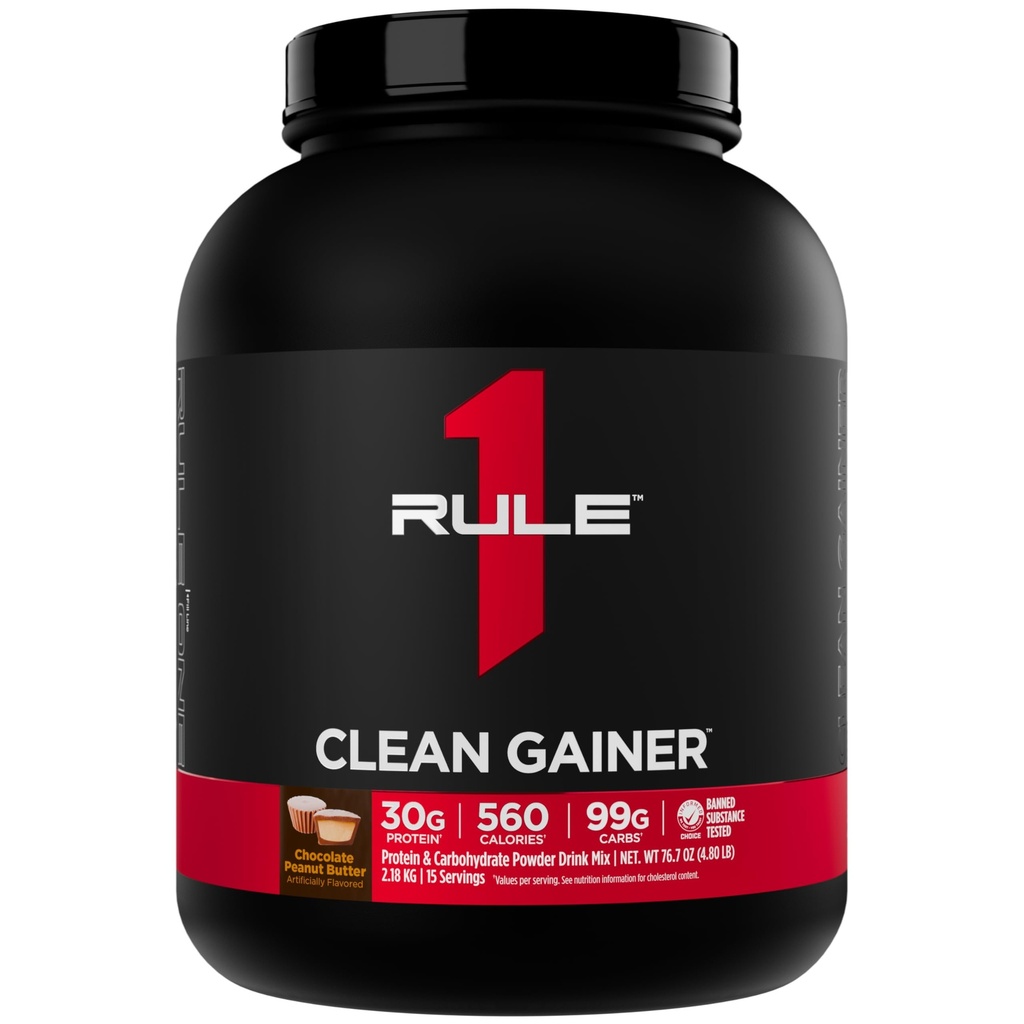 Regra 1 Gainer limpo - alta proteína Lean ganhar fórmula com 560 calorias, 30g de proteína de espectro completo, mais de 90g de carboidratos, sob 6g de gordura (15 servões, manteiga de amendoim de chocolate)