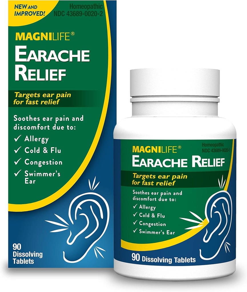 MagniLife Earach Relief, Fast-Acting Alívio Natural para Nadadores Ouvir, Dor e Desconforto de Alergias, Frio e Gripe - 90 Comprimidos de Dissolver Rápido