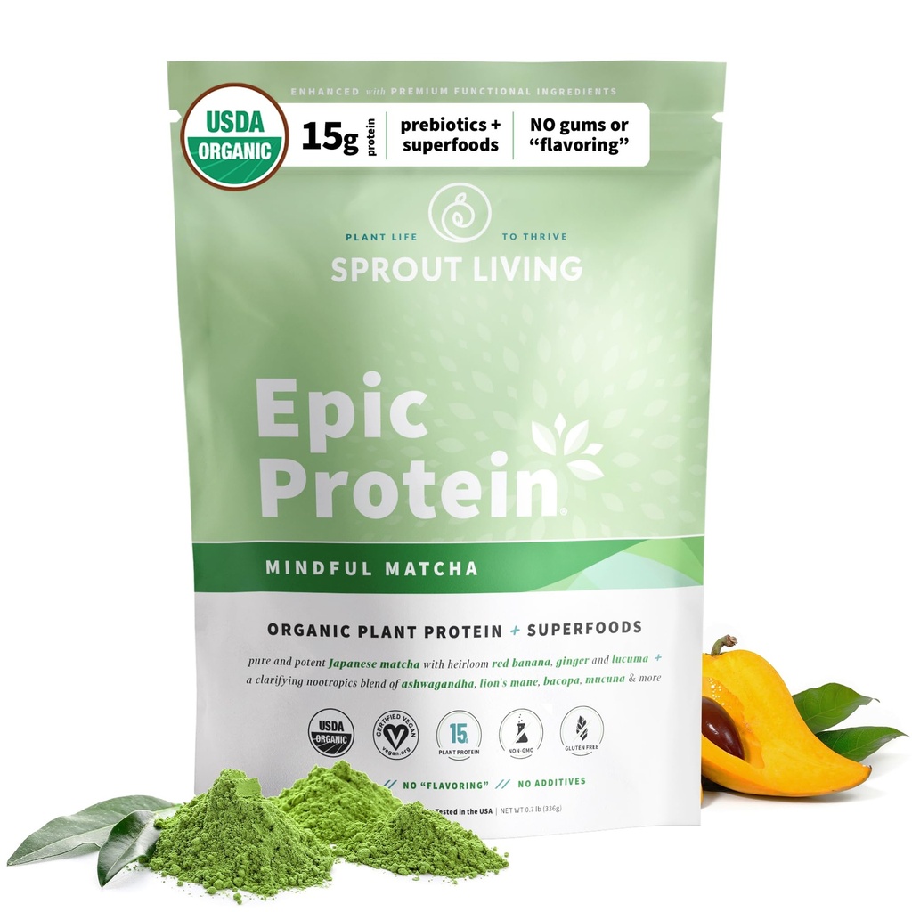 Sprout Vivendo proteína épica, proteína baseada em plantas e superalimentos em pó, Matcha consciente 17 Grams proteína orgânica em pó, Vegan, Non-GMO, Gluten Free, Adaptogens + Nootropics (1 Libra, 12 Servings)