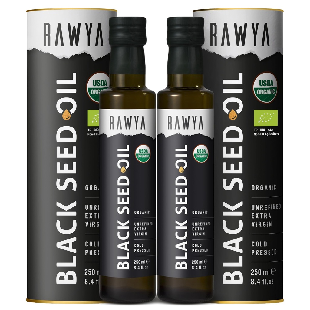 RAWYA Black Seed Oil - Orgânico Frio Pressed Nigella Sativa - Origem turca - USDA Orgânico - Suplemento Natural - Black Cumin Seed Oil - Sabor rico e alta concentração - 250ml garrafa de vidro - 2 Pack
