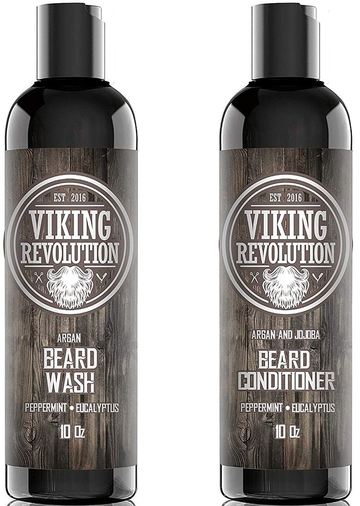 Conjunto de Shampoo e Condicionador Viking Revolution - Kit de Cuidados com Barba de Top-tier com Óleos de Argan & Jojoba para Crescimento Saudável de Barba, Sem Coceira ou Irritação, Rigor Rico, Eucalyptus Scent (10 onças)