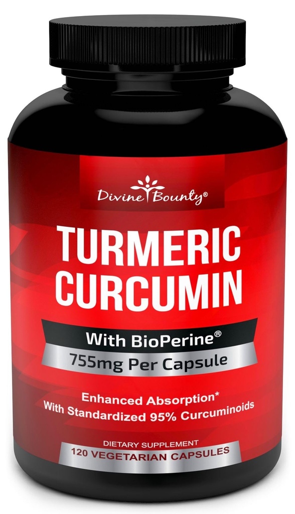 Curcumina Turmérica com Extrato de Pimenta Negra BioPerine - 755mg por cápsula, 120 Veg. Cápsulas - GMO grátis Tumérica, padronizado a 95% Curcuminóides para máxima potência