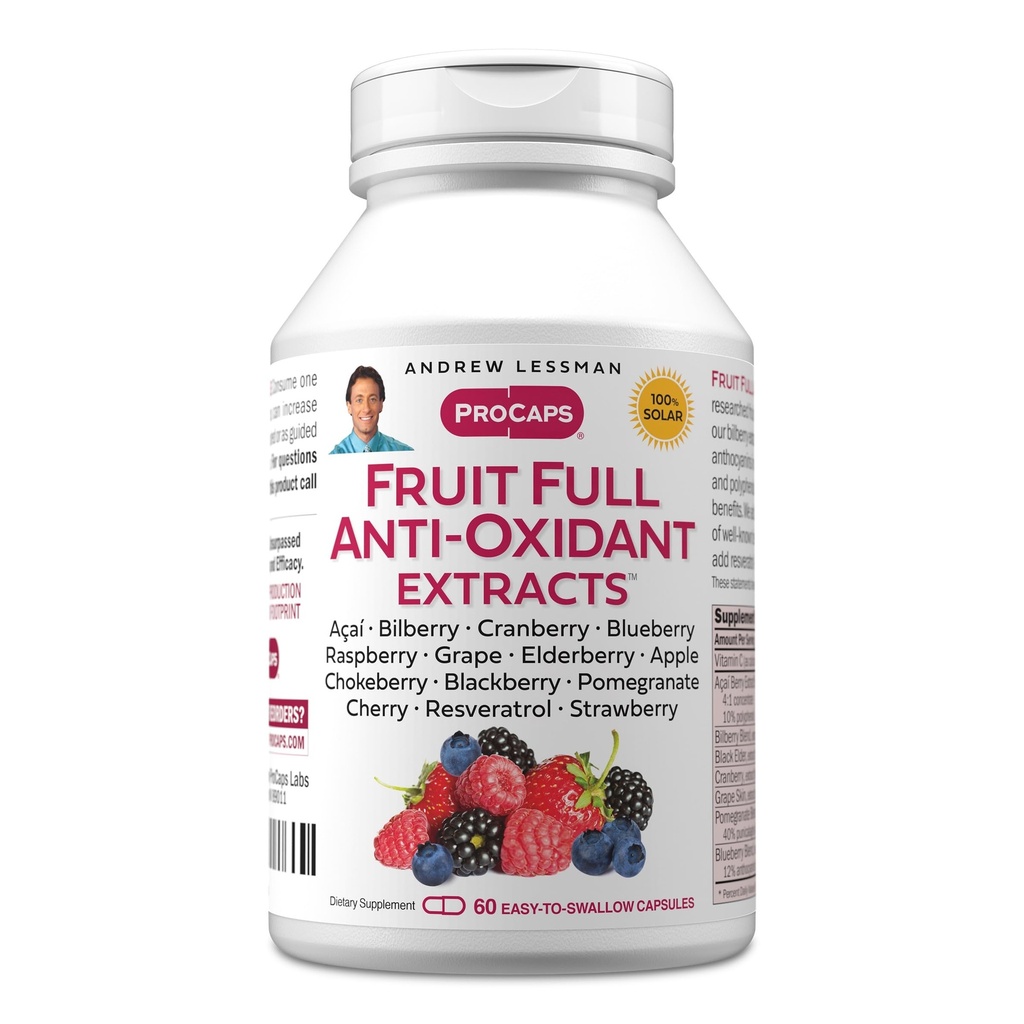 ANDREW LESSMAN Fruit Full Anti-Oxidante Extratos 60 Cápsulas - 14 Extratos de Fruta Natural e Berry. Bilberry, Cranberry, Sementes de uva, Romã, Resveratrol e mais. Cápsulas fáceis de engolir