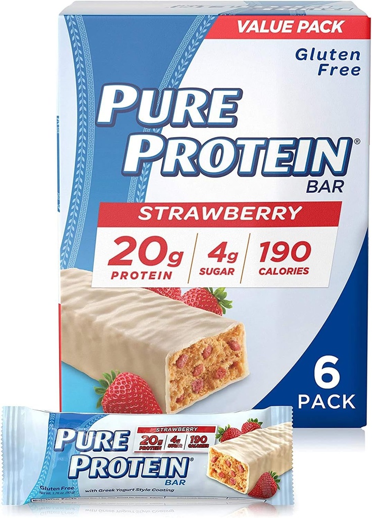 Barras de proteína pura, alta proteína, lanches nutritivos para apoiar a energia, baixo açúcar, sem glúten, morango grego Yogurt, 1,76 oz, 6 Pack