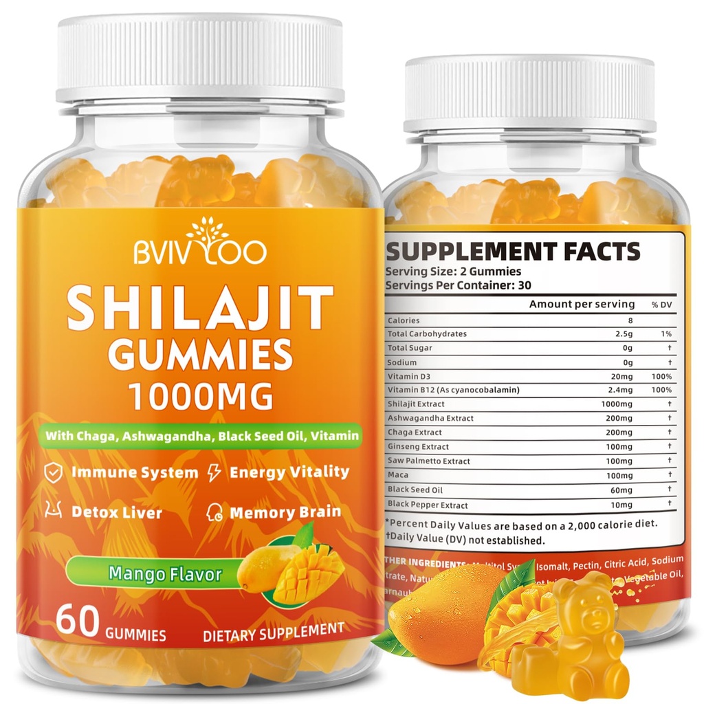Shilajit Gummies 1000mg Grátis Açúcar - Suplemento Shilajit para homens e mulheres - Alta em 85+ Trace Minerals & Ácido Fulvico - Energia, Cérebro, Imunidade - 60 Gummies