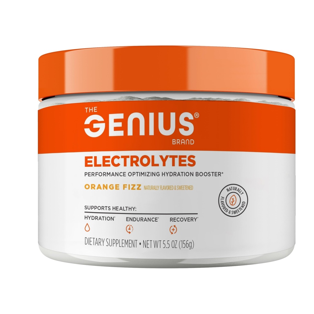 Genius Electrolytes Powder Drink Mix, Laranja Fizz, 30 Servings - Natural Hydration Booster & Endurance Supplement with Potássio, Magnésio & Zinco - Sugar Free & No Artificial Sweeteners or Dyes