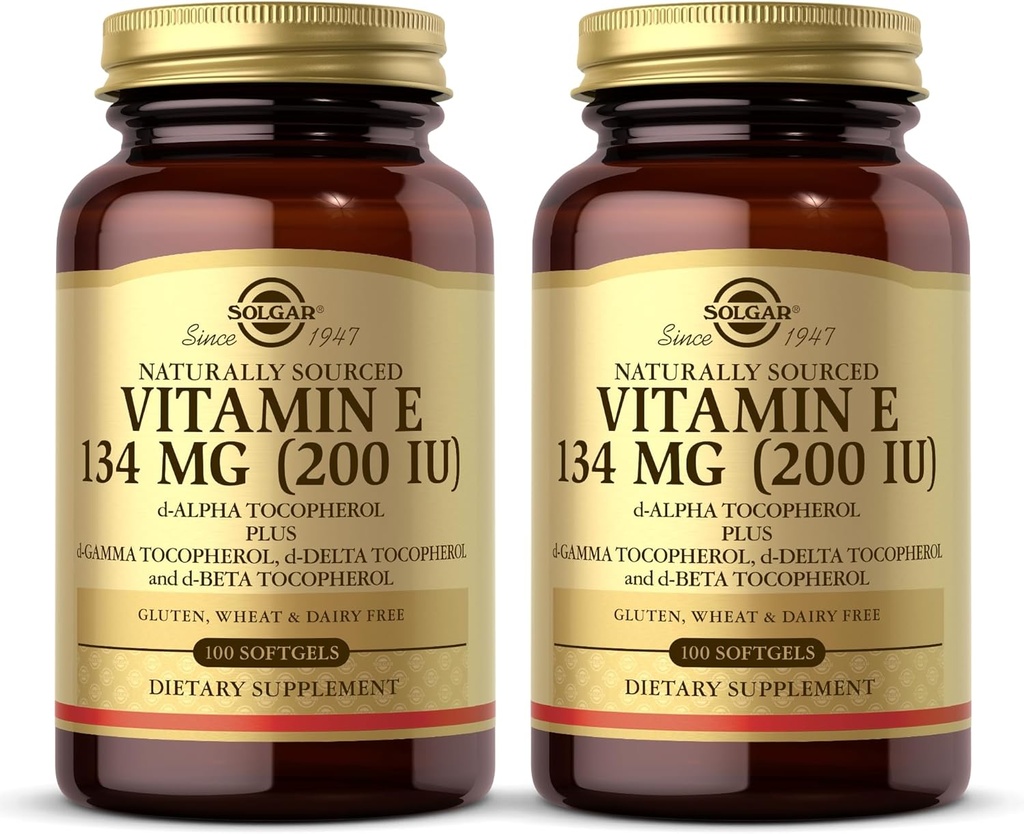 SOLGAR Vitamina E 200 UI - 100 Softgels, Pacote de 2 - Antioxidante Natural, Suporte do Sistema Imune - Gluten Free, Dairy Free - 200 Total Servings