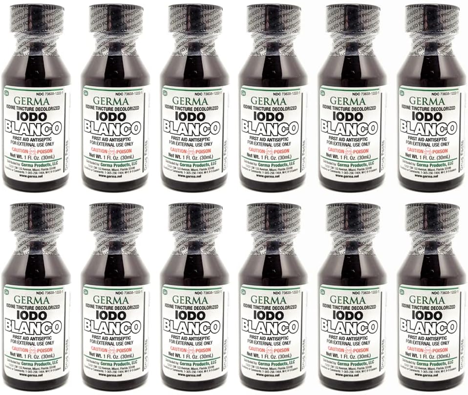 Tintura de iodo branco Germa. Antisséptico de Primeiros Socorros para Raspas Menores, Cortes, Contusões e Queimaduras. Evita a Infecção da Pele. 1 oz. Embalagem de 12
