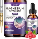 Glicinato de magnésio 200mg Suplemento, Gotas de magnésio líquido com vitamina B6, Ashwagandha, L - Theanina, Camomila - Suportar alívio de estresse, osso, músculo, humor Vegan - Framboesa Flavor - 2 FL.OZ