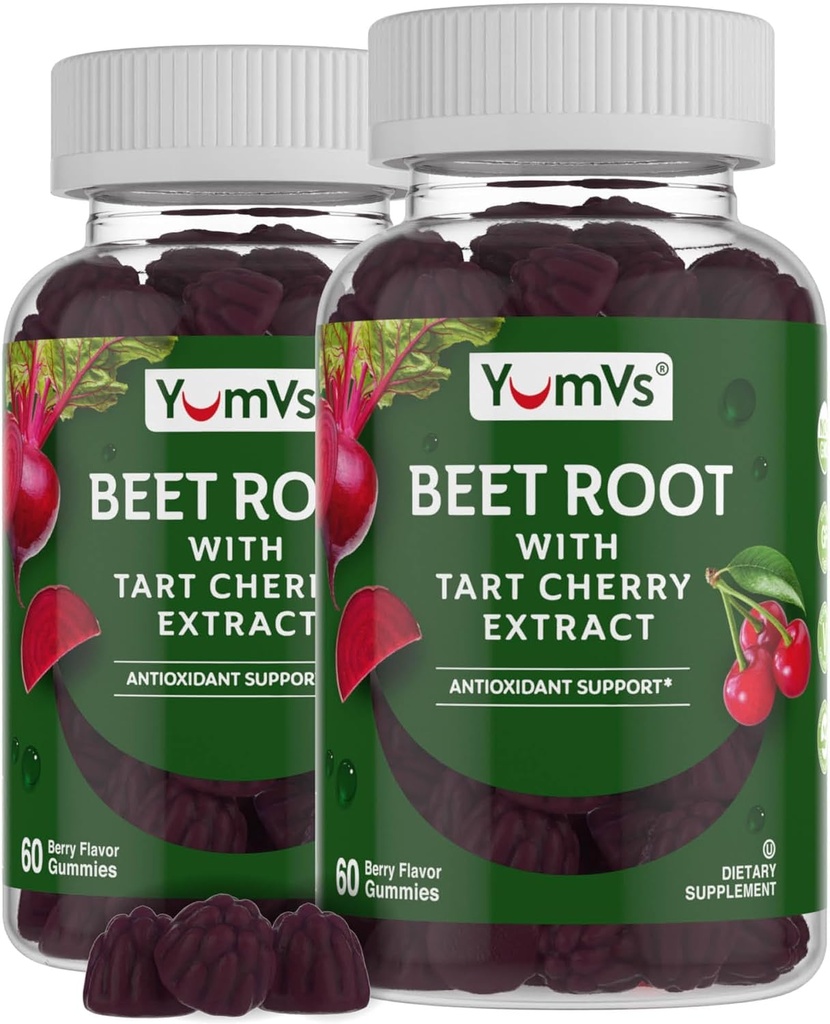 IUM-V's Beet Root Gummies with Tart Cherry Extract - Berry Flavor Beetroot Gummies - Beet Chews for Blood Circulation and Antioxidant Support - Red Beets Gummies Berry 60 Count (Pack of 2)