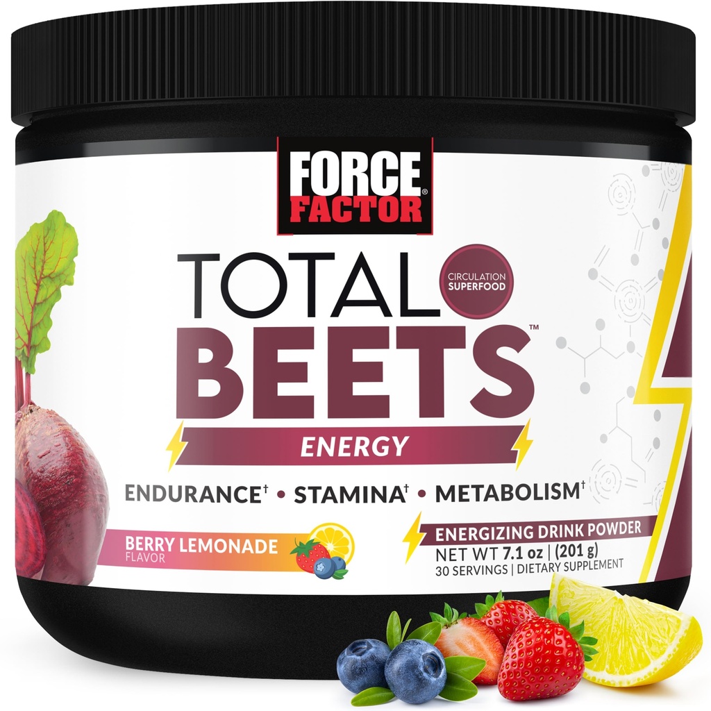 FORCE FACTOR Beterraba total Raiz de beterraba em pó com energia, NO3-T® Nitratos para apoiar a circulação, pressão sanguínea, fluxo sanguíneo e resistência - mais extrato de chá verde. Um suplemento superalimentar, 30 serviços